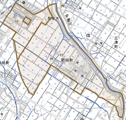 肥田町とその周辺の地図。町の範囲を重ねている