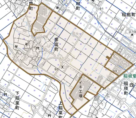彦富町とその周辺の地図。町の範囲を重ねている