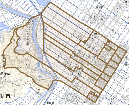 日夏町とその周辺の地図。町の範囲を重ねている