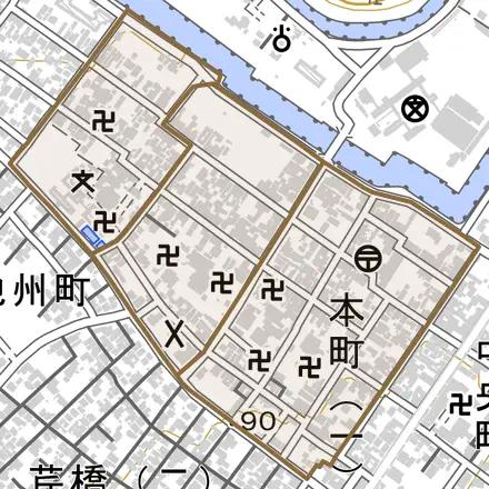 本町とその周辺の地図。町の範囲を重ねている