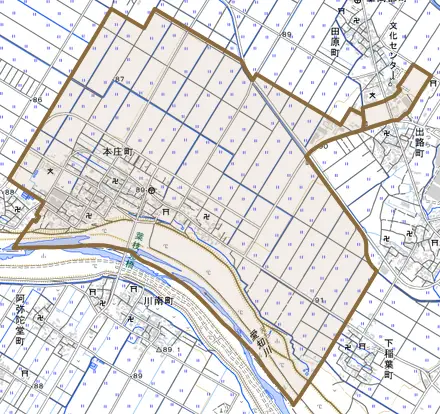 本庄町とその周辺の地図。町の範囲を重ねている