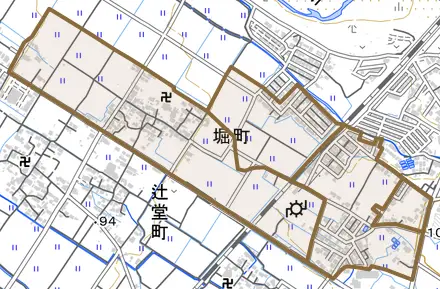 堀町とその周辺の地図。町の範囲を重ねている