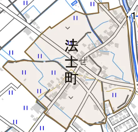 法士町とその周辺の地図。町の範囲を重ねている