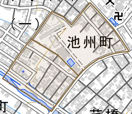 池州町とその周辺の地図。町の範囲を重ねている