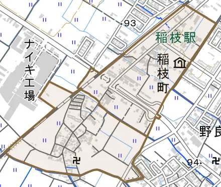 稲枝町とその周辺の地図。町の範囲を重ねている