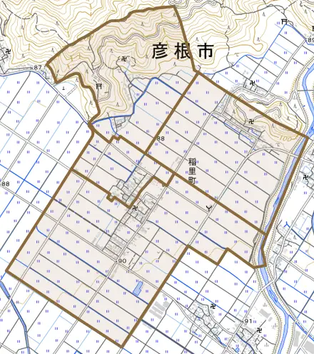 稲里町とその周辺の地図。町の範囲を重ねている