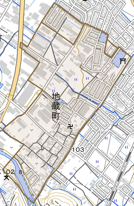 地蔵町とその周辺の地図。町の範囲を重ねている