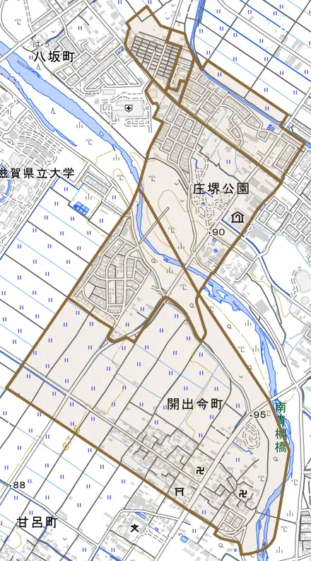 開出今町とその周辺の地図。町の範囲を重ねている