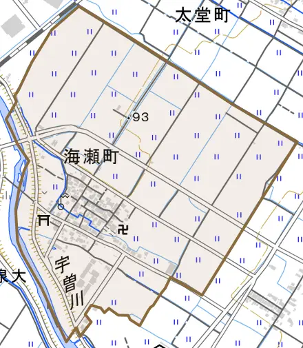 海瀬町とその周辺の地図。町の範囲を重ねている
