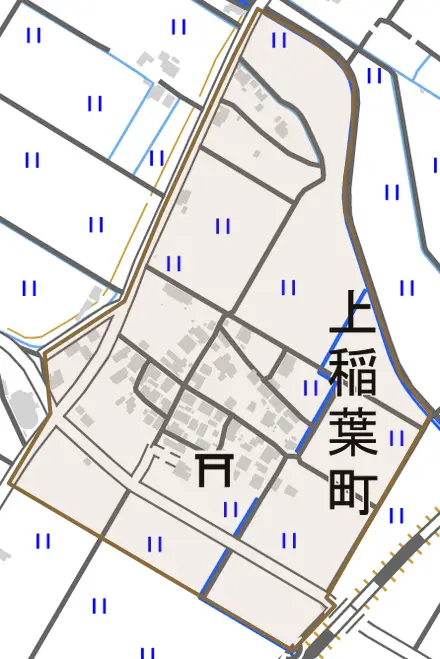 上稲葉町とその周辺の地図。町の範囲を重ねている