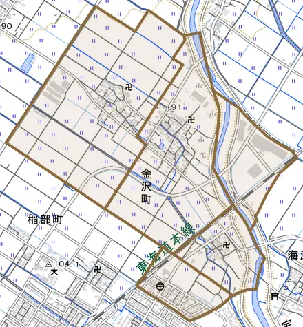 金沢町とその周辺の地図。町の範囲を重ねている