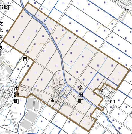 金田町とその周辺の地図。町の範囲を重ねている