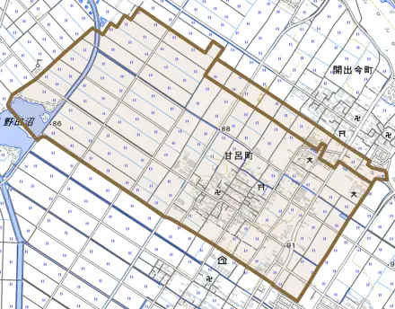 甘呂町とその周辺の地図。町の範囲を重ねている