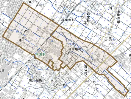 川瀬馬場町とその周辺の地図。町の範囲を重ねている