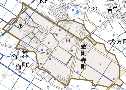 金剛寺町とその周辺の地図。町の範囲を重ねている