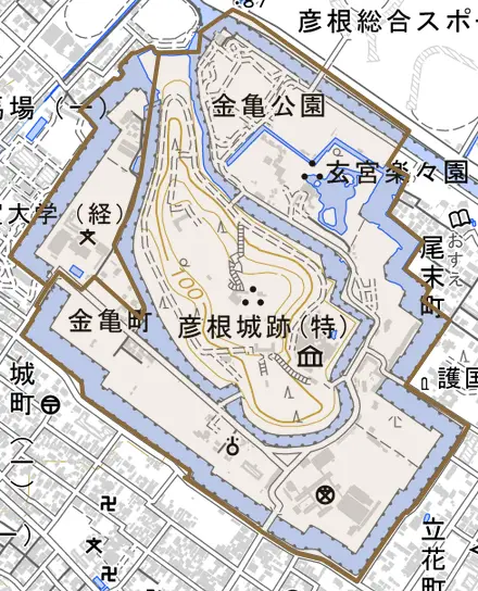 金亀町とその周辺の地図。町の範囲を重ねている