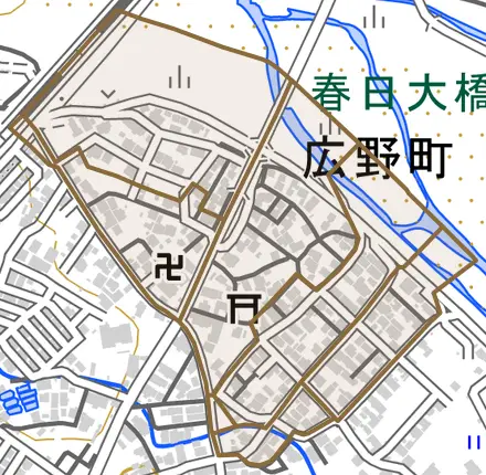 広野町とその周辺の地図。町の範囲を重ねている