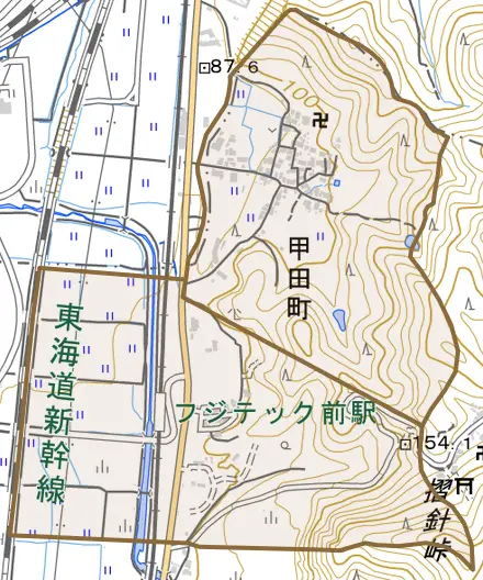 甲田町とその周辺の地図。町の範囲を重ねている