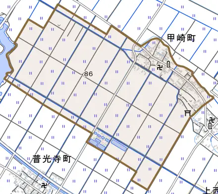 甲崎町とその周辺の地図。町の範囲を重ねている