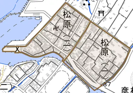 松原とその周辺の地図。町の範囲を重ねている