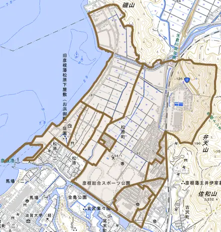 松原町とその周辺の地図。町の範囲を重ねている