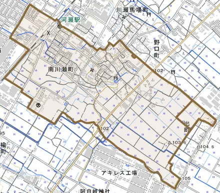 南川瀬町とその周辺の地図。町の範囲を重ねている