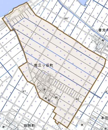南三ツ谷町とその周辺の地図。町の範囲を重ねている