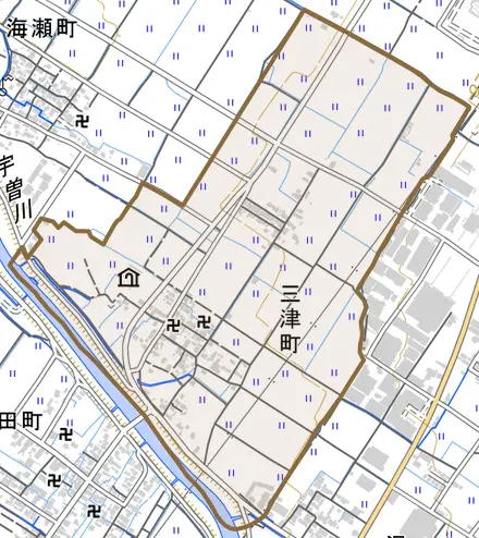 三津町とその周辺の地図。町の範囲を重ねている