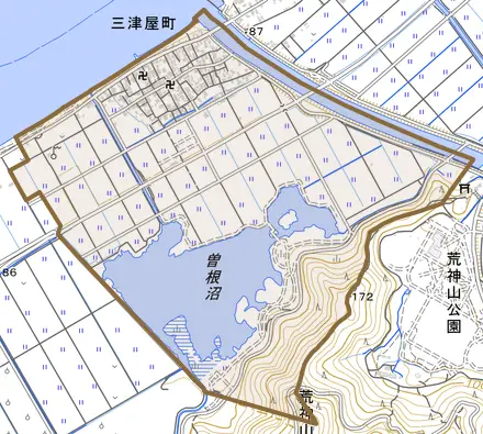 三津屋町とその周辺の地図。町の範囲を重ねている