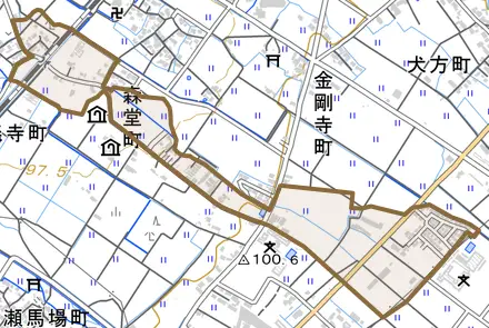 森堂町とその周辺の地図。町の範囲を重ねている