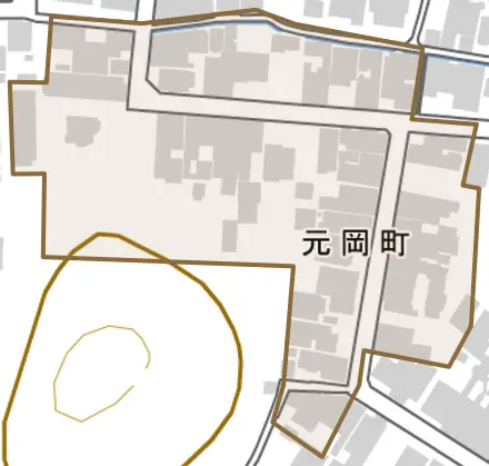 元岡町とその周辺の地図。町の範囲を重ねている