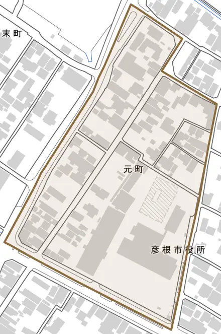 元町とその周辺の地図。町の範囲を重ねている