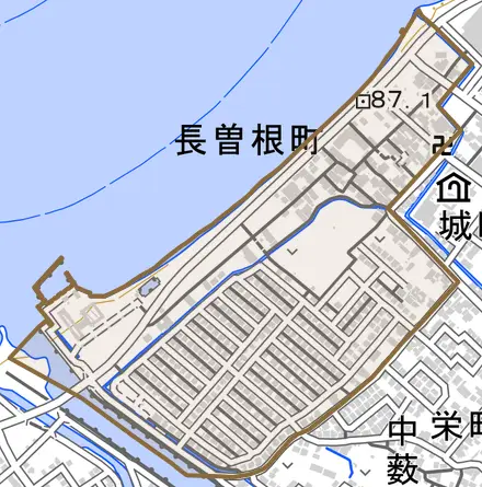 長曽根町とその周辺の地図。町の範囲を重ねている
