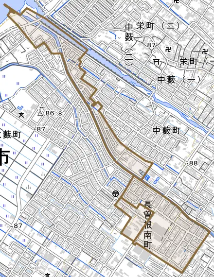 長曽根南町とその周辺の地図。町の範囲を重ねている