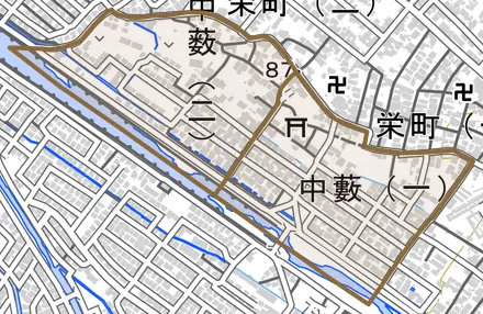 中藪とその周辺の地図。町の範囲を重ねている