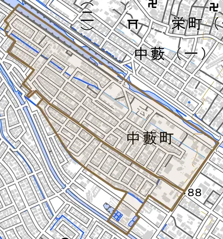 中藪町とその周辺の地図。町の範囲を重ねている