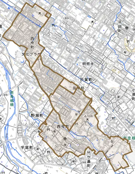 西今町とその周辺の地図。町の範囲を重ねている