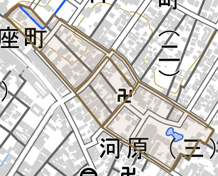 錦町とその周辺の地図。町の範囲を重ねている