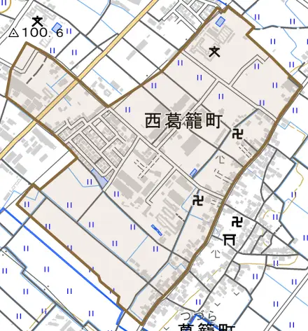 西葛籠町とその周辺の地図。町の範囲を重ねている