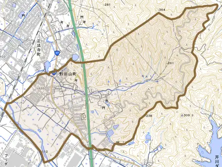 野田山町とその周辺の地図。町の範囲を重ねている