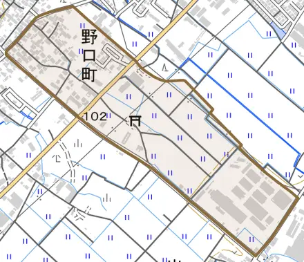 野口町とその周辺の地図。町の範囲を重ねている
