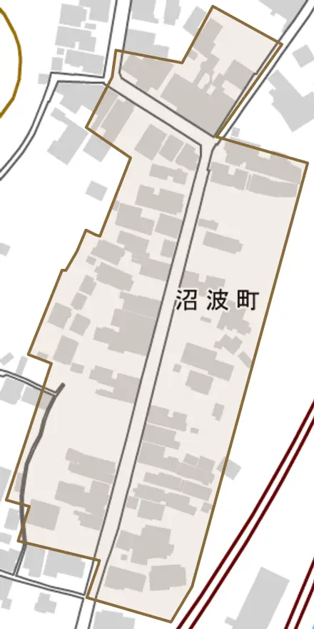 沼波町とその周辺の地図。町の範囲を重ねている