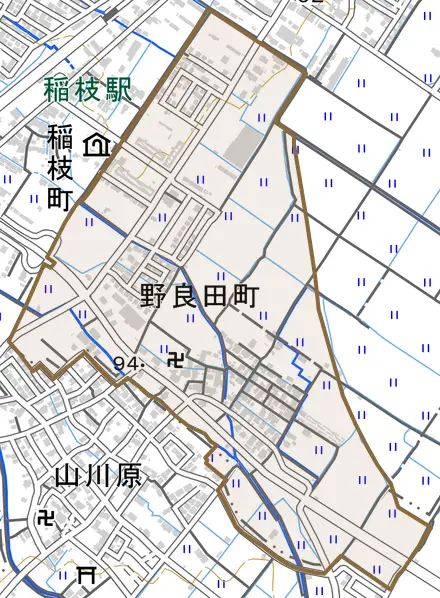 野良田町とその周辺の地図。町の範囲を重ねている