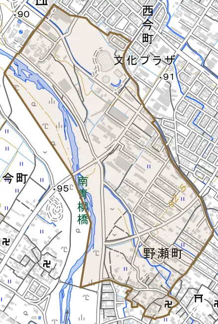 野瀬町とその周辺の地図。町の範囲を重ねている