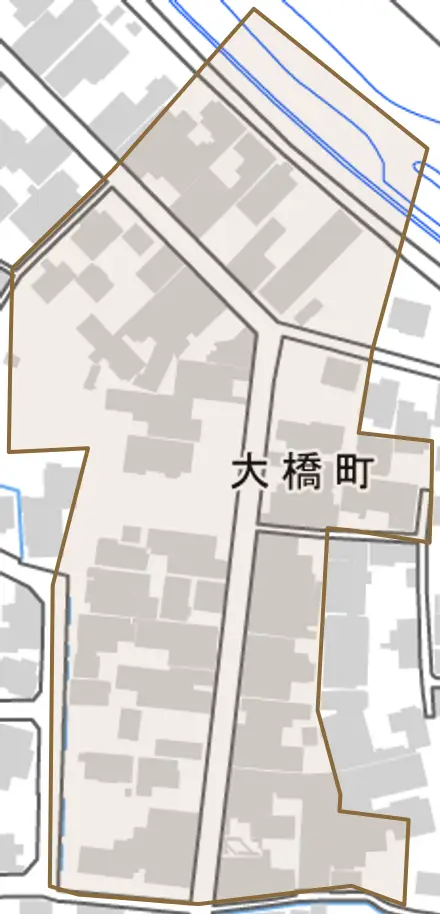 大橋町とその周辺の地図。町の範囲を重ねている
