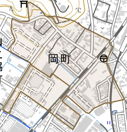 岡町とその周辺の地図。町の範囲を重ねている