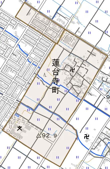 蓮台寺町とその周辺の地図。町の範囲を重ねている