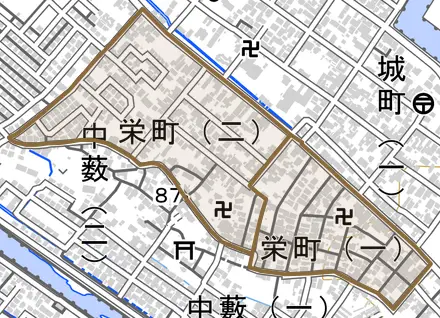 栄町とその周辺の地図。町の範囲を重ねている