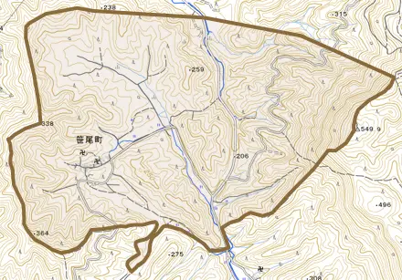 笹尾町とその周辺の地図。町の範囲を重ねている