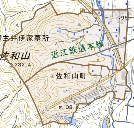 佐和山町とその周辺の地図。町の範囲を重ねている